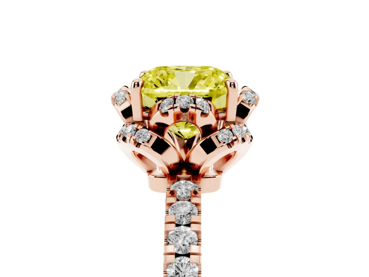 Fancy Yellow Cushion Cut Halo Diamond Pave Band Ring with Four-Prong Setting Rose gold