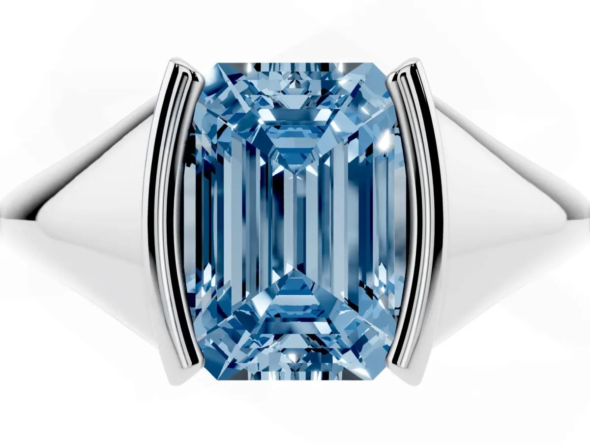 Fancy Blue Emerald Cut Solitaire Tension Set Diamond Ring White gold