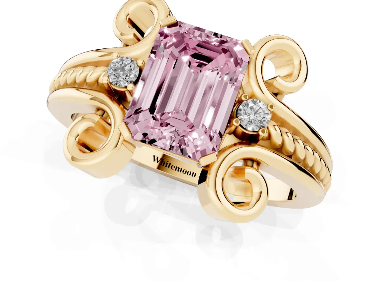 Fancy Pink Emerald Cut Solitaire Twisted Band Scroll Prong Ring Yellow gold