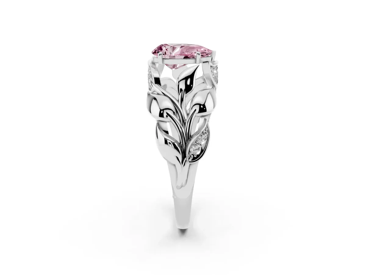 Fancy Pink Pear Cut Diamond Leaf-Inspired Engagement Ring with Round Accents and Prong Setting Platinum
