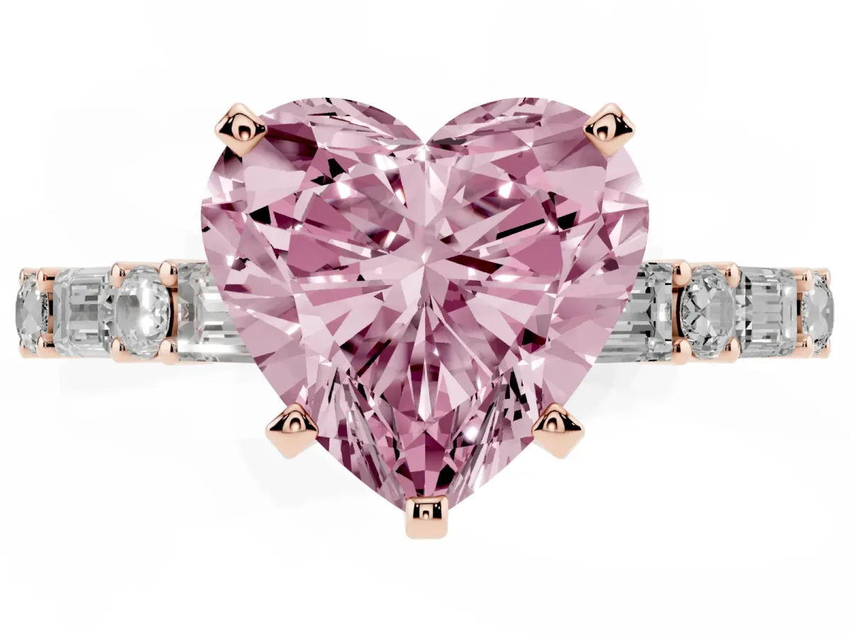 Fancy Pink Heart Cut Diamond Solitaire with Side Baguettes and Channel Set Band Rose gold