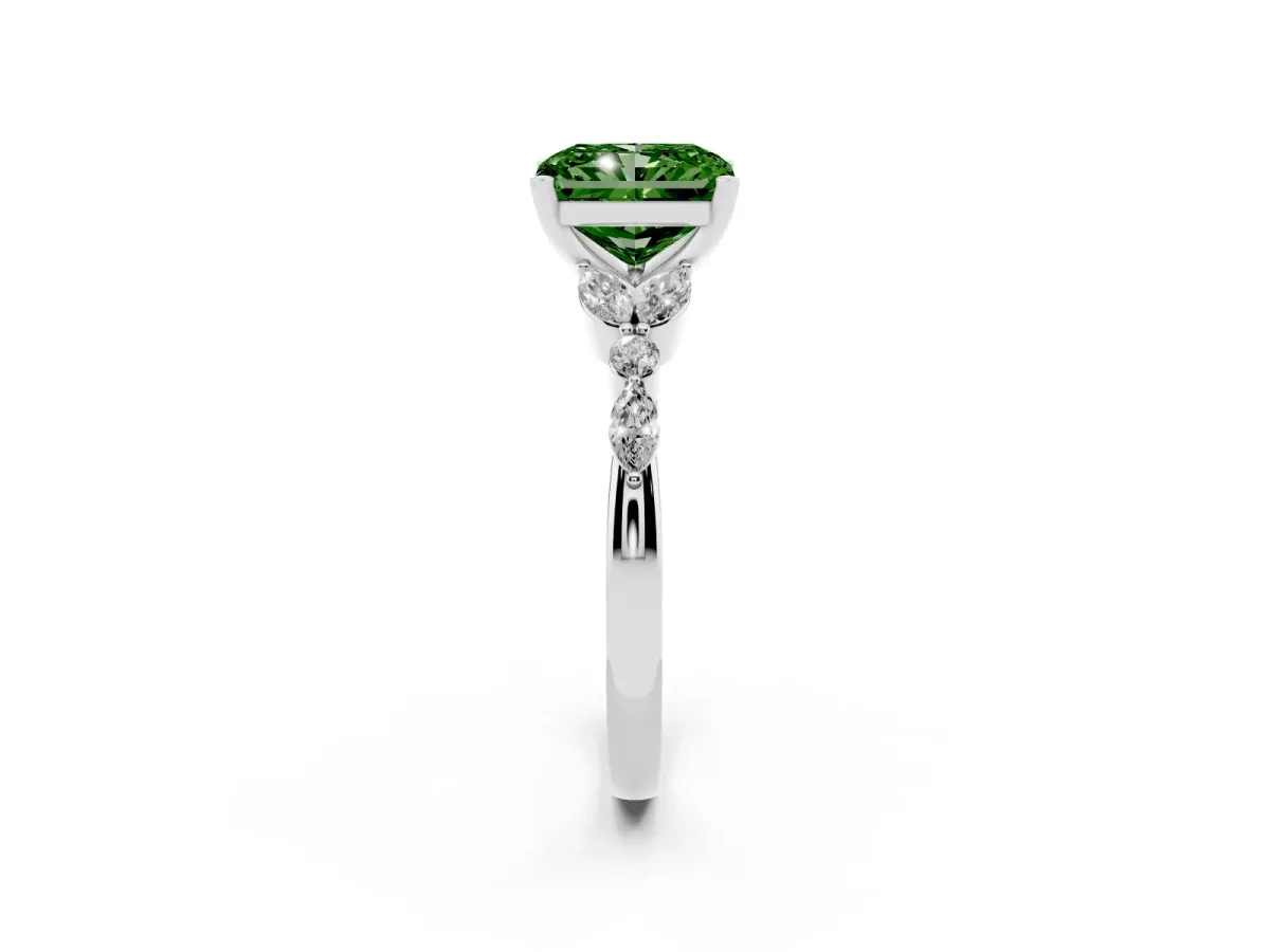 Fancy Green Radiant Cut Diamond Solitaire Ring with Side Stones and Four-Prong Setting Silver
