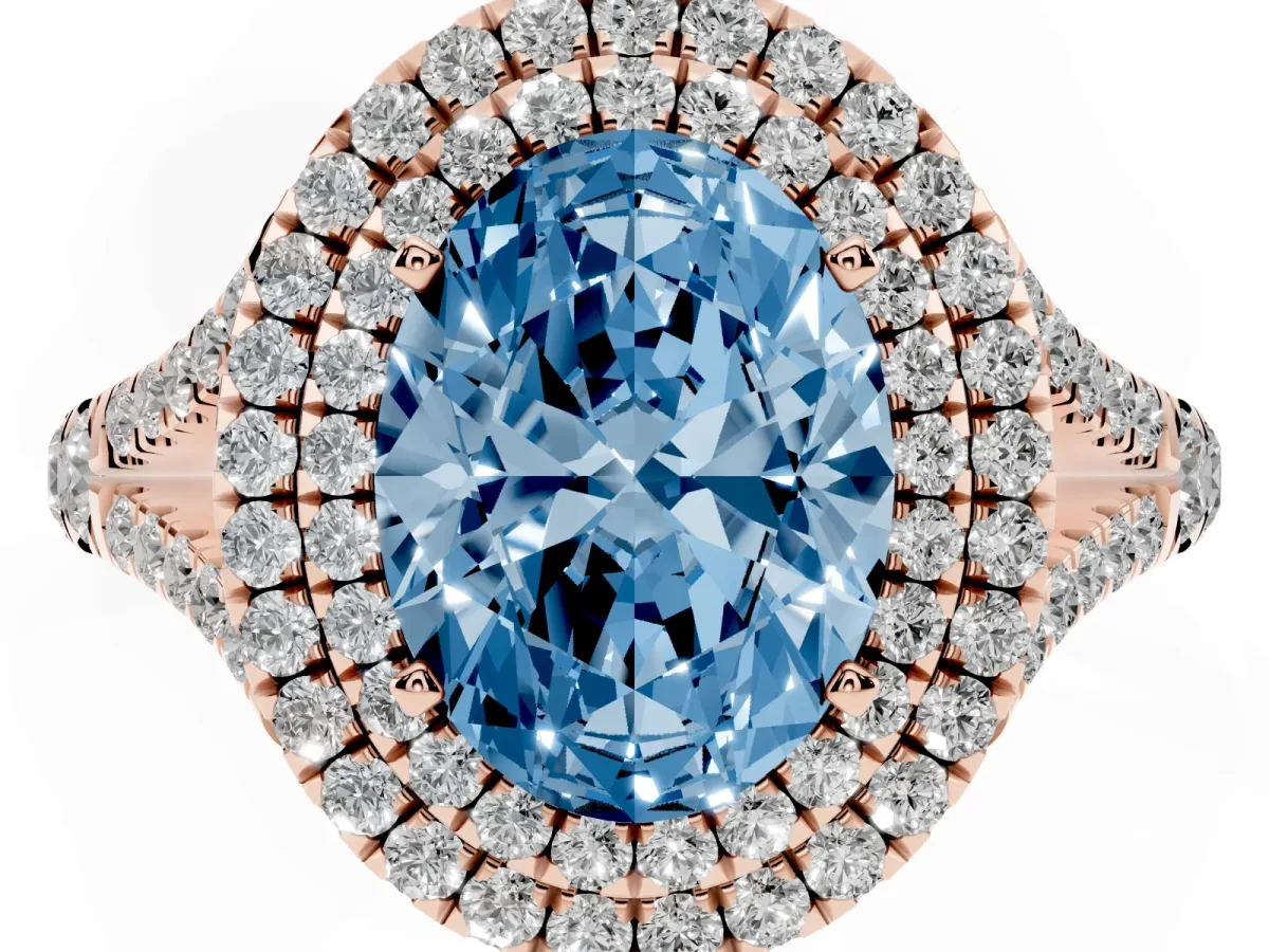 Fancy Blue Oval Cut Diamond Pavé Split Shank Double Halo Engagement Ring Rose gold