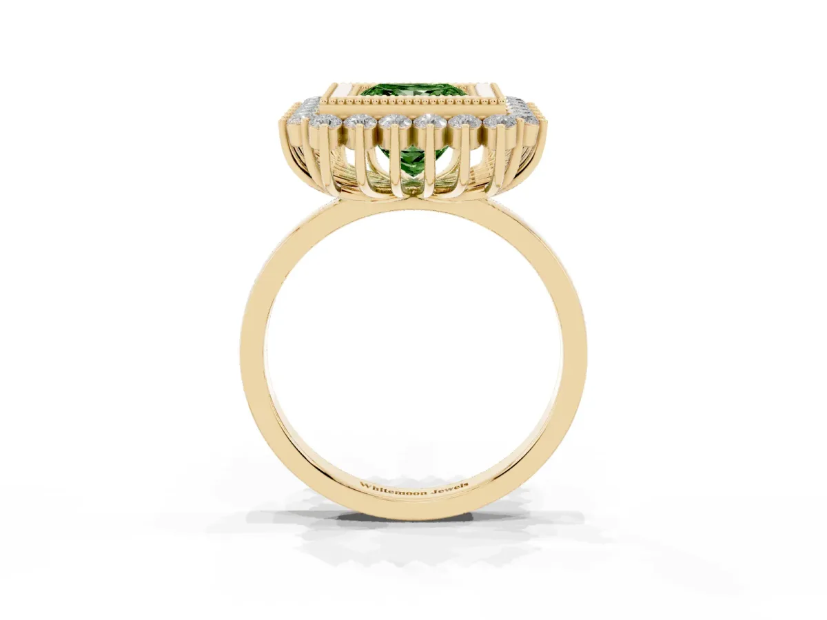 Fancy Green Princess Cut Halo Diamond Ring with Milgrain Edge and Round Prong Setting Yellow gold