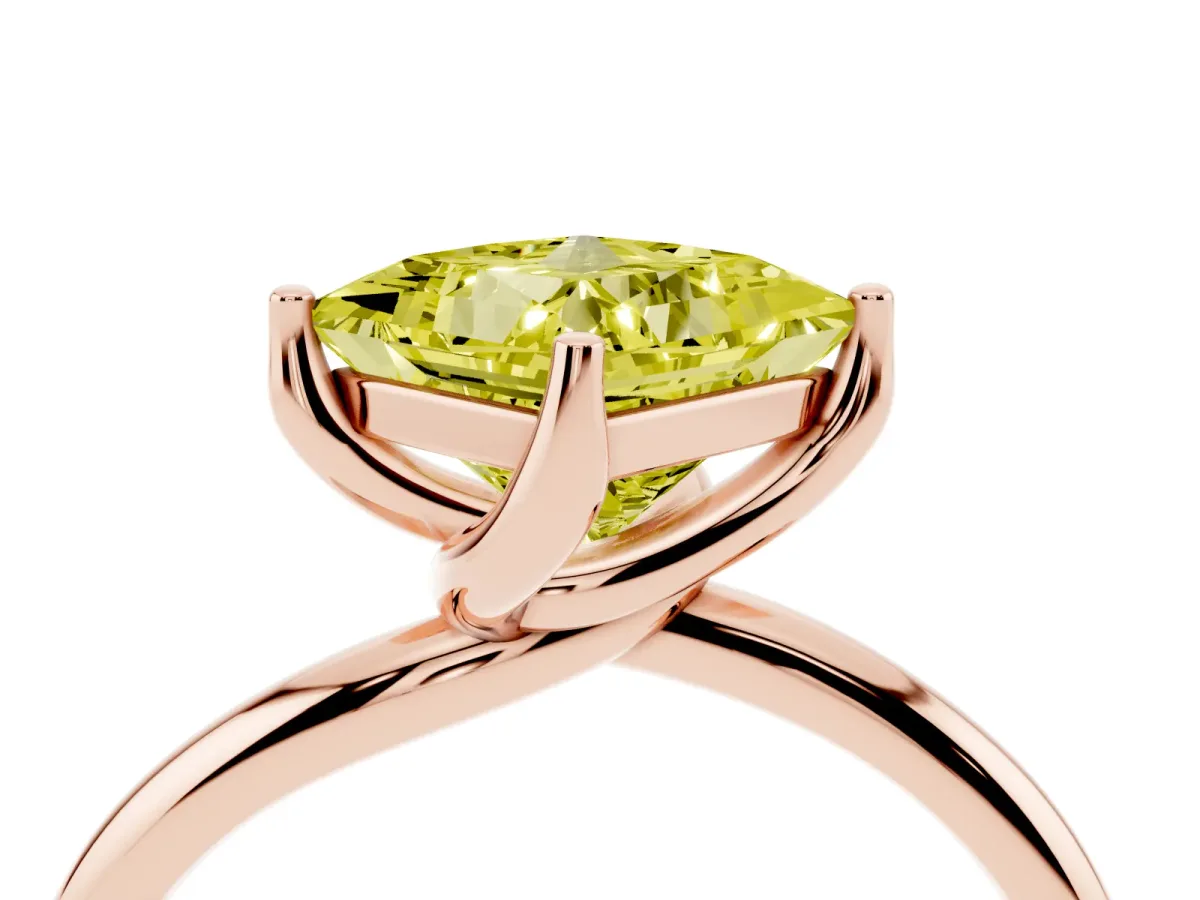 Fancy Yellow Princess Cut Diamond Solitaire Engagement Ring with Four-Prong Setting and Classic Band Rose gold
