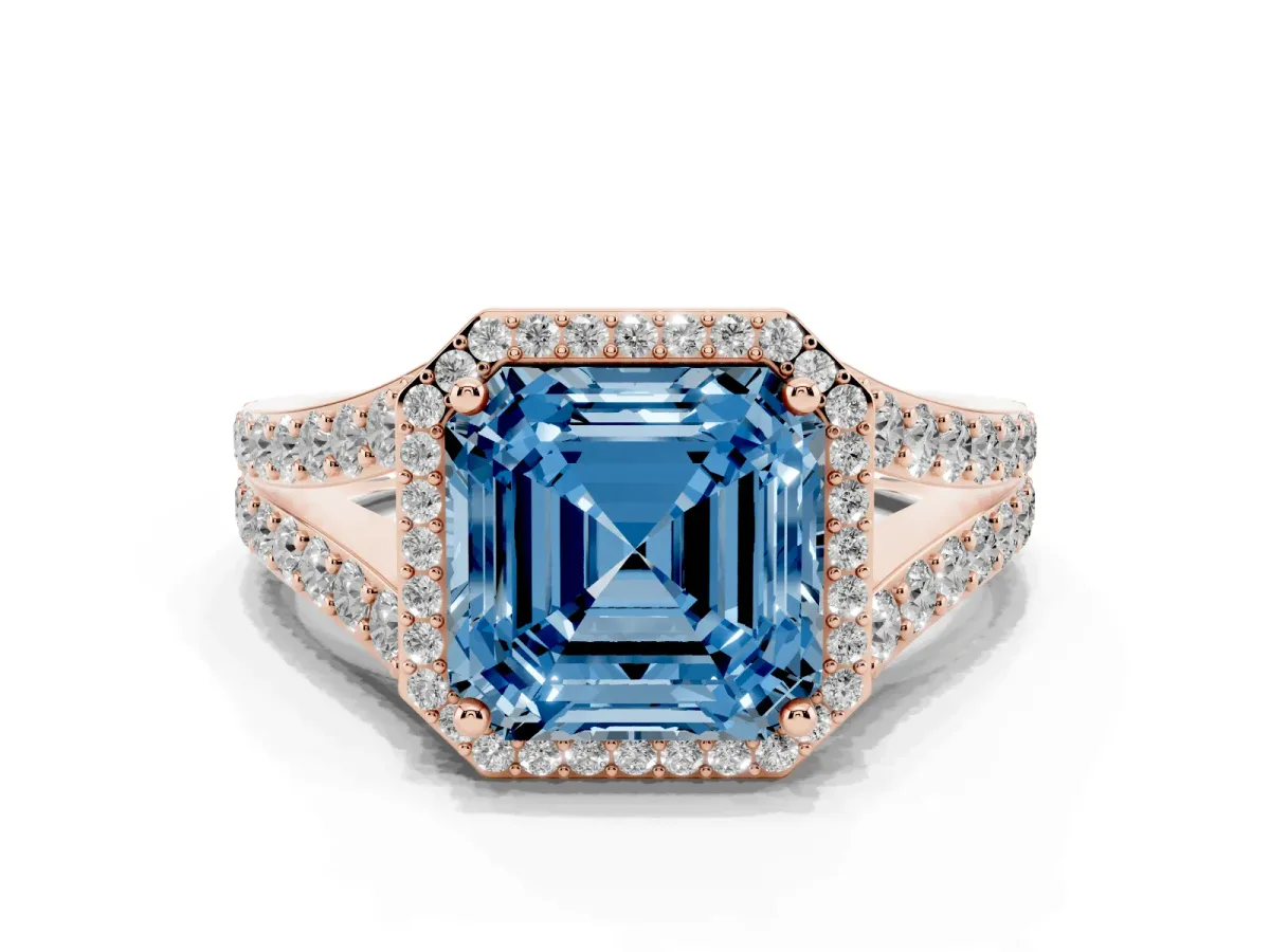 Fancy Blue Asscher Cut Diamond Split Shank Halo Ring with Four-Prong Setting Rose gold