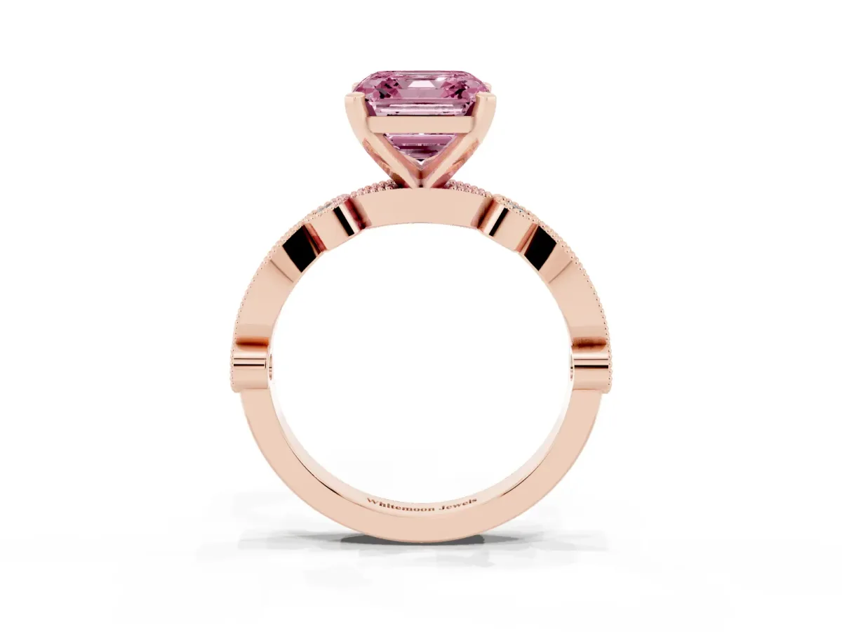 Fancy Pink Asscher Cut Milgrain Bezel Diamond Engagement Ring with Solitaire Prong Setting Rose gold