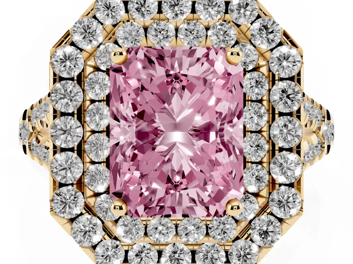 Fancy Pink Double Halo Radiant Cut Diamond Pavé Split Shank Ring with Prong Setting Yellow gold