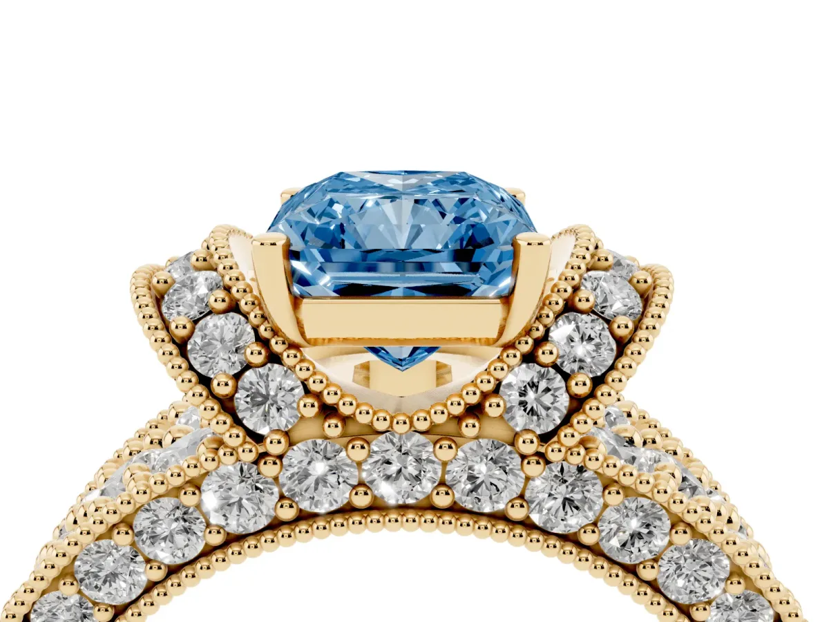 Fancy Blue Radiant Cut Halo Pave Diamond Engagement Ring with Milgrain Detailing Yellow gold