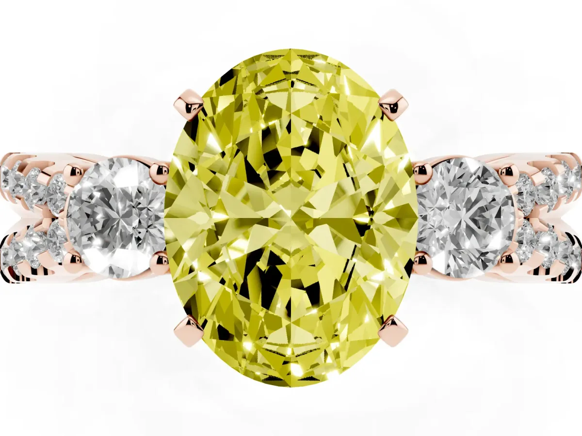 Fancy Yellow Oval Cut Diamond Three-Stone Ring with Pavé Split Shank and Four-Prong Setting Rose gold