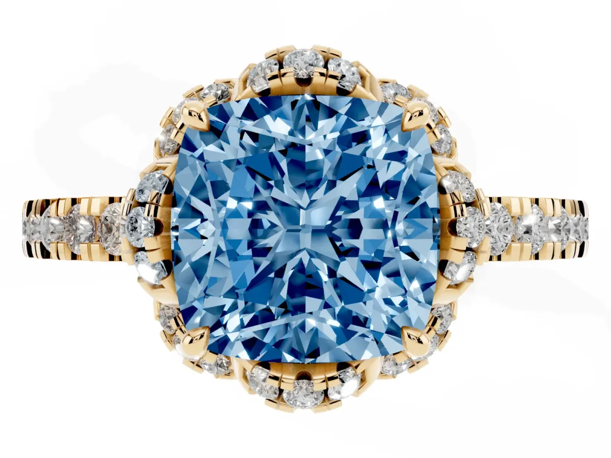 Fancy Blue Cushion Cut Diamond Halo Pave Band with Four-Prong Setting Yellow gold