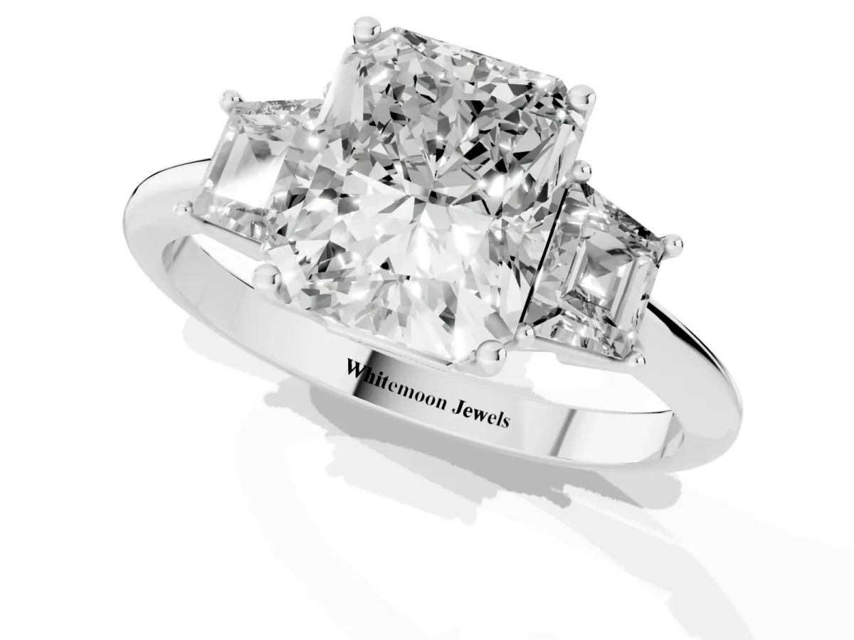 Radiant Cut Diamond Three-Stone Ring with Trapezoid Side Stones and Prong Setting Platinum