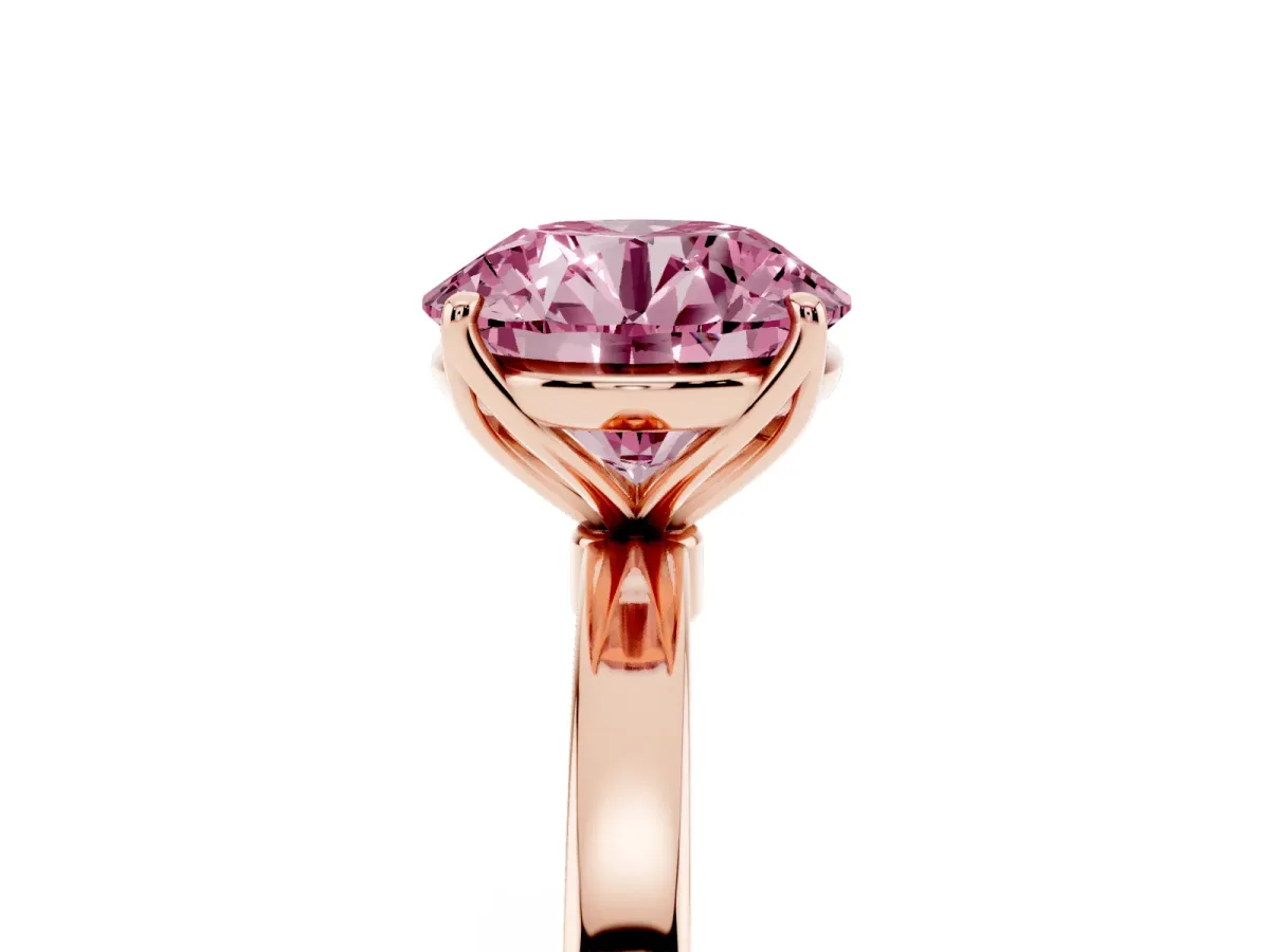 Fancy Pink Round Cut Diamond Solitaire Ring with Thin Band and Prong Setting Rose gold
