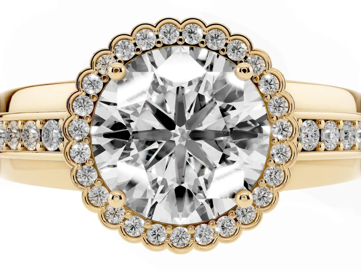 Round Cut Cut Halo Pave Band Four-Prong Ring Yellow gold