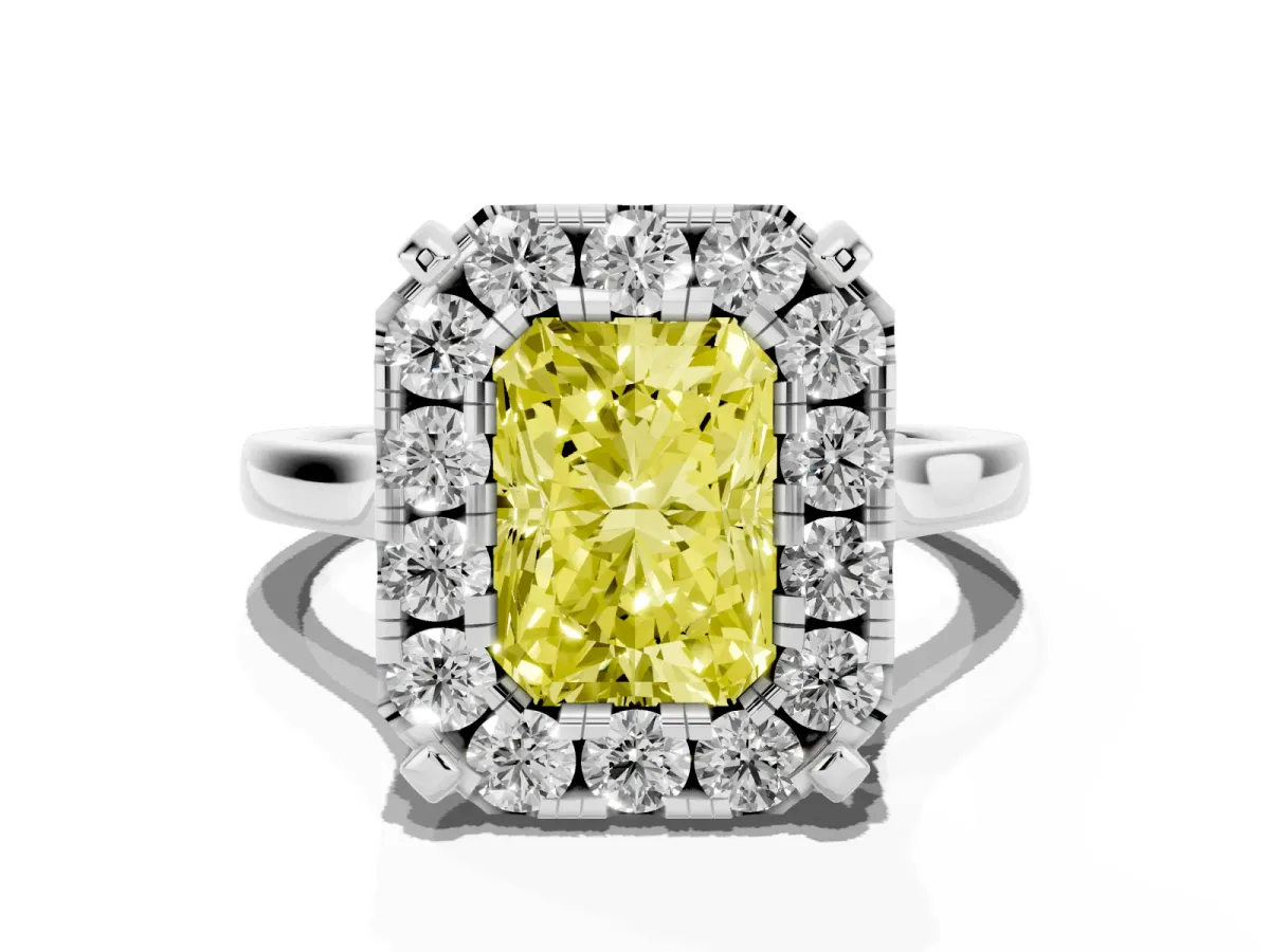 Fancy Yellow Radiant Cut Diamond Cluster Halo Solitaire with Four-Prong Setting Silver