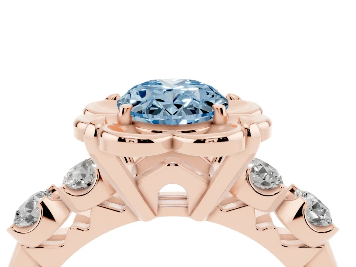 Fancy Blue Oval Cut Cut Diamond Floral Halo Engagement Ring with Shared Prong Setting Rose gold