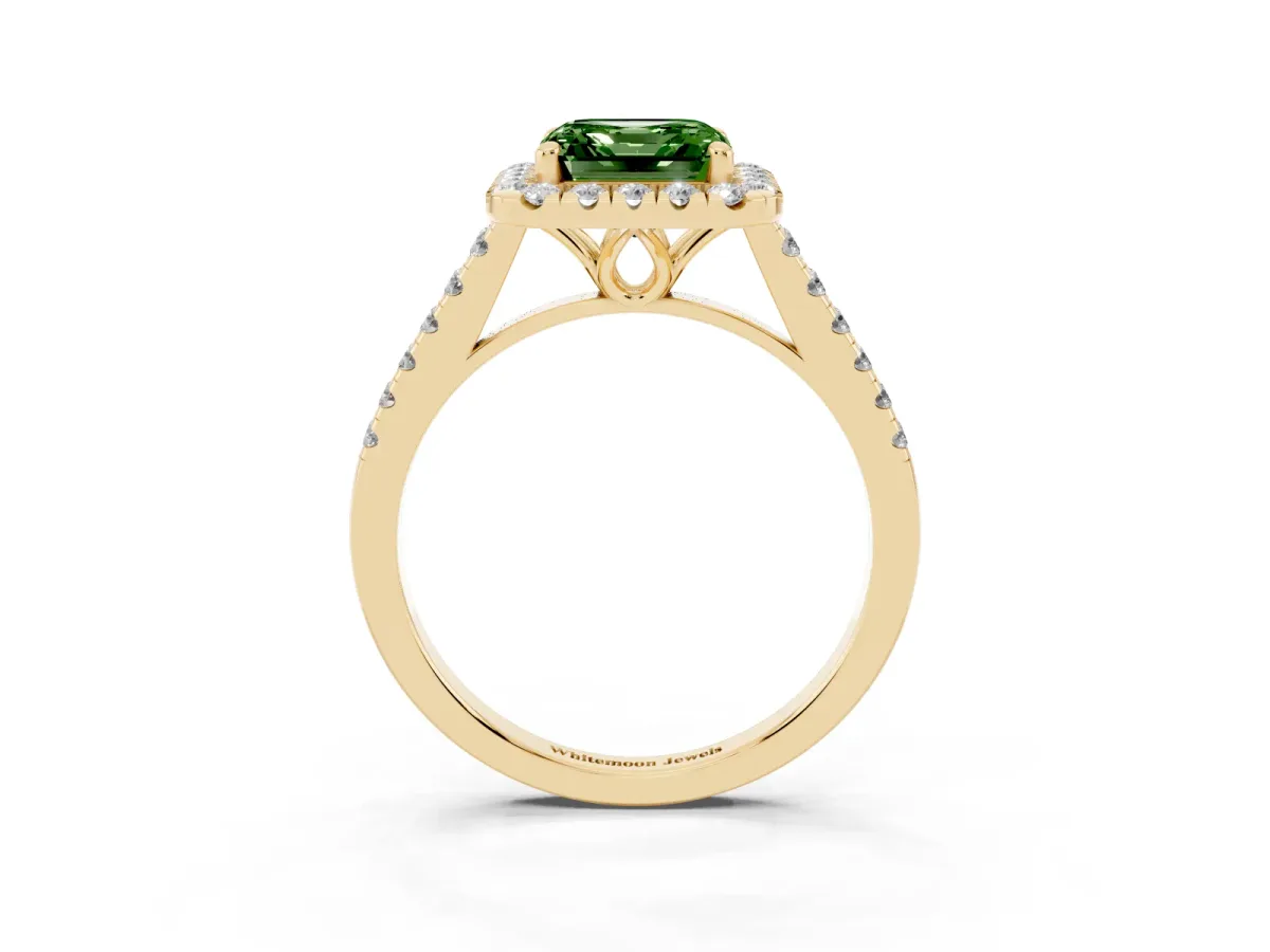 Fancy Green Asscher Cut Halo Pavé Diamond Engagement Ring with Four-Prong Setting Yellow gold