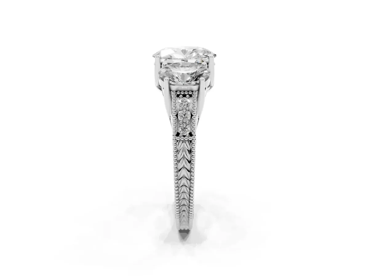 Three-Stone Oval Cut Cut Milgrain Pavé Engagement Ring White gold