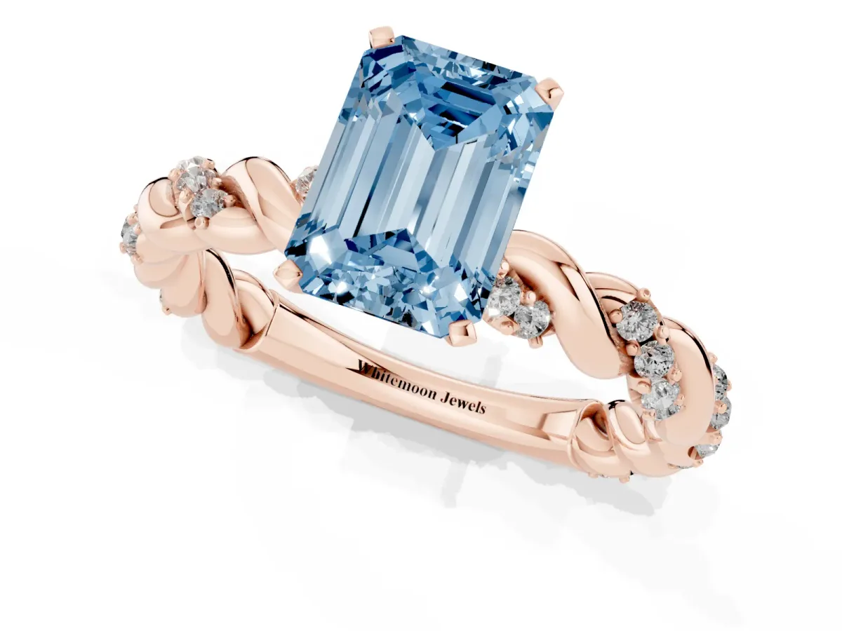 Fancy Blue Emerald Cut Diamond Solitaire Ring with Twisted Band and Pavé Accents Rose gold