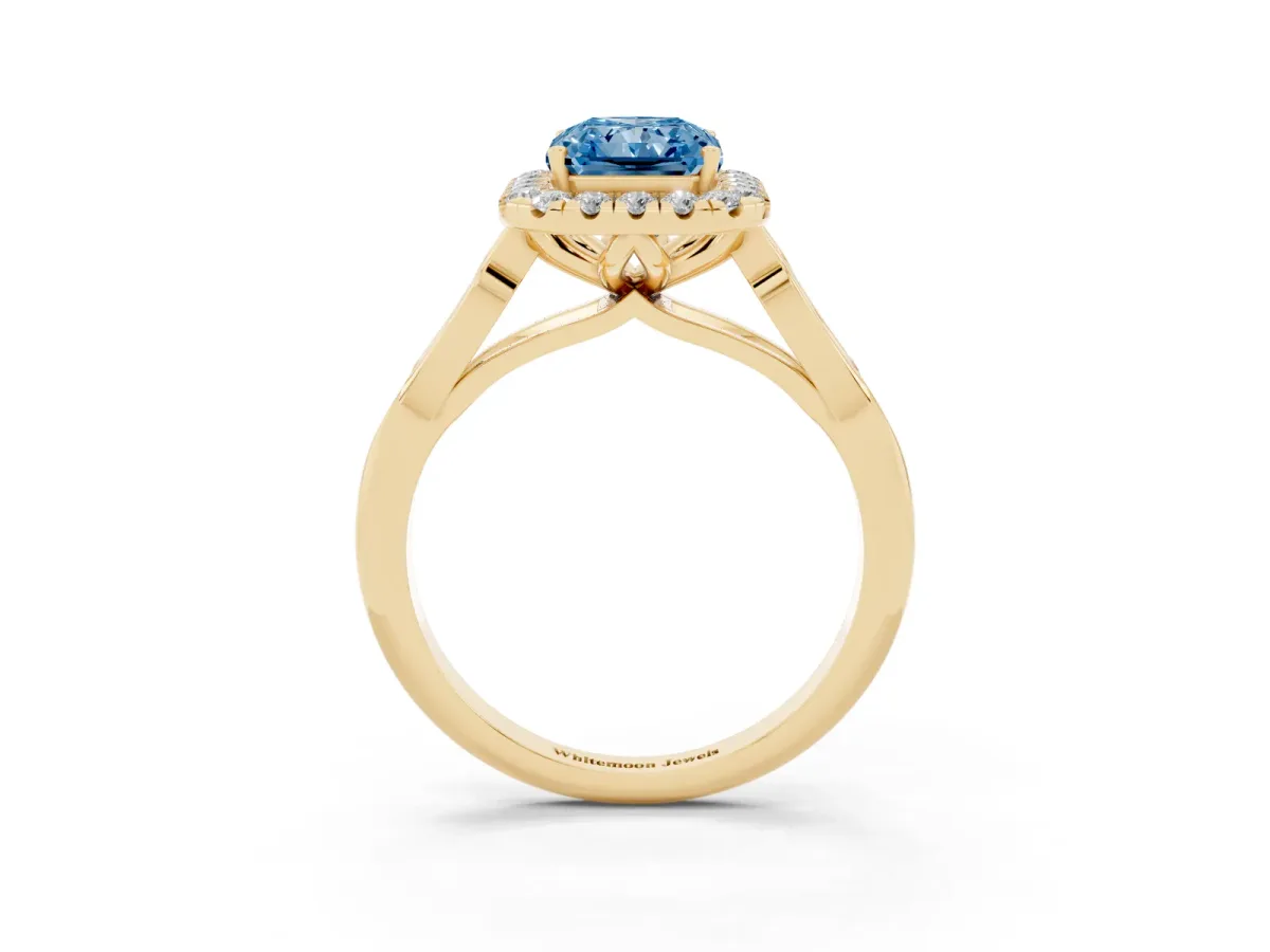 Fancy Blue Radiant Cut Halo Diamond Engagement Ring with Filigree Band and Four-Prong Setting Yellow gold