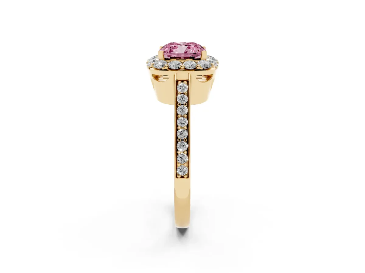 Fancy Pink Cushion Cut Diamond Floral Halo Ring with Pavé Band and Prong Setting Yellow gold