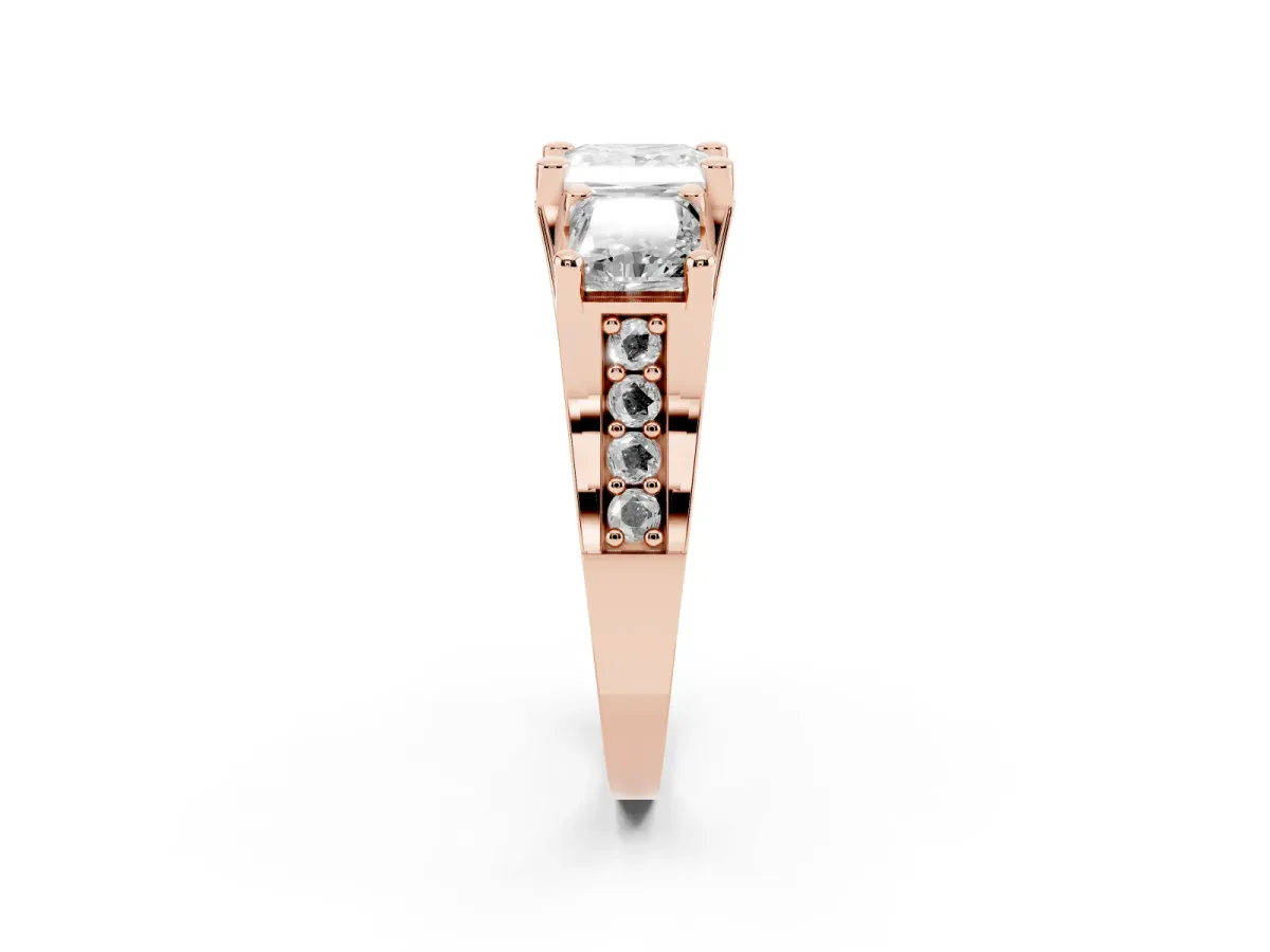 Princess Cut Diamond Three-Stone Ring with Channel Set Band and Four-Prong Setting Rose gold
