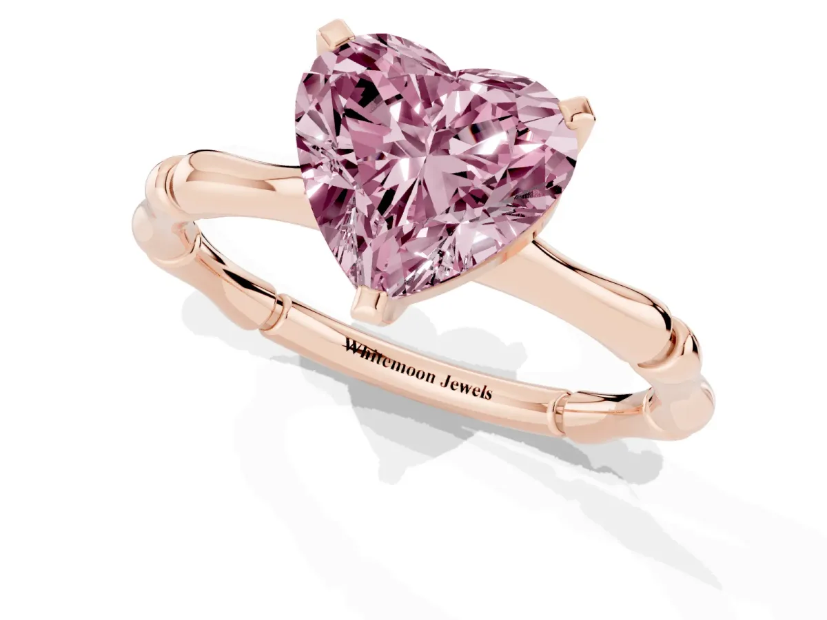 Fancy Pink Heart Cut Solitaire Diamond Ring with Bamboo Band and Four-Prong Setting Rose gold