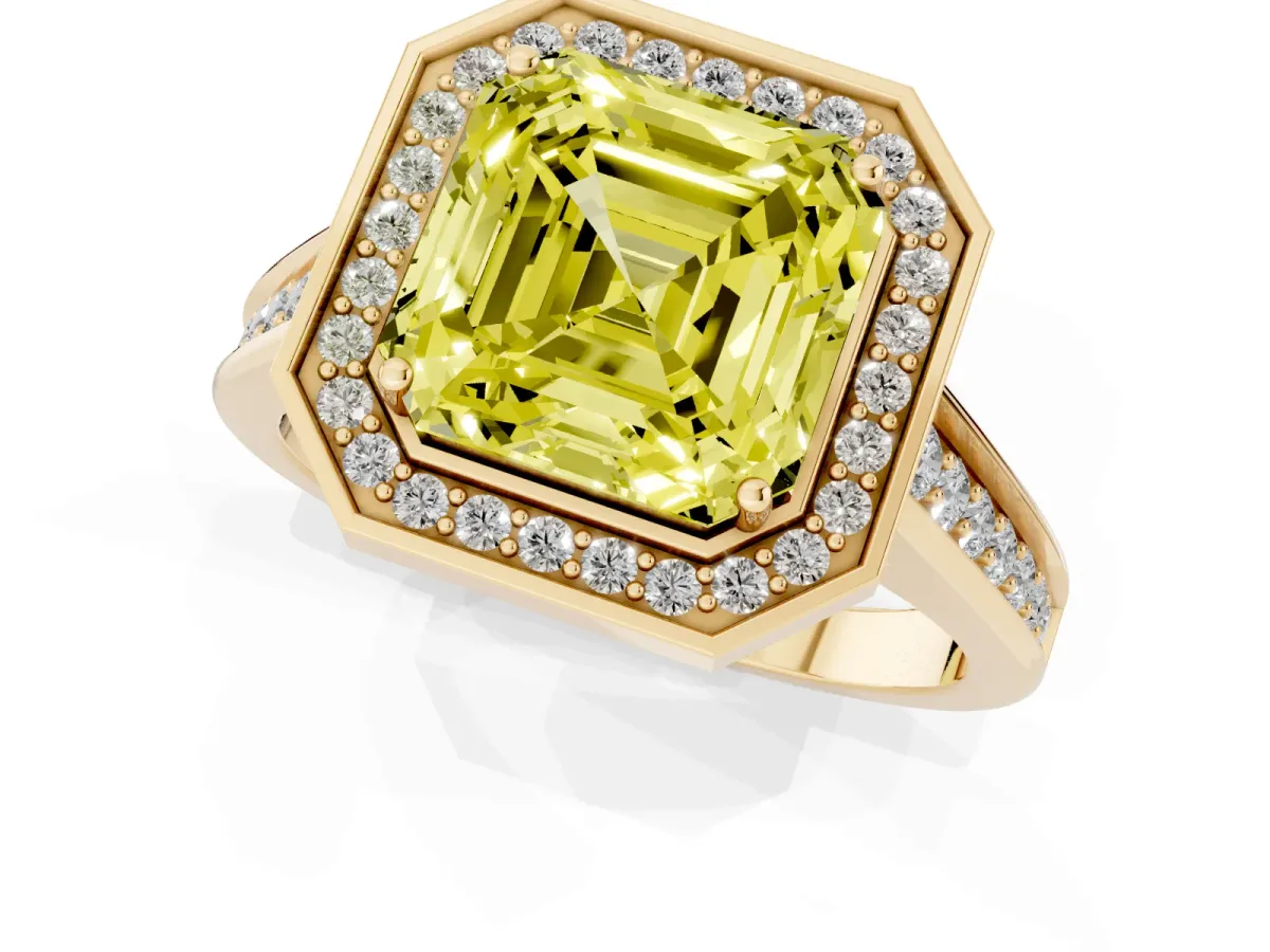Fancy Yellow Asscher Cut Halo Solitaire Diamond Ring with Pave Band and Bezel Setting Yellow gold
