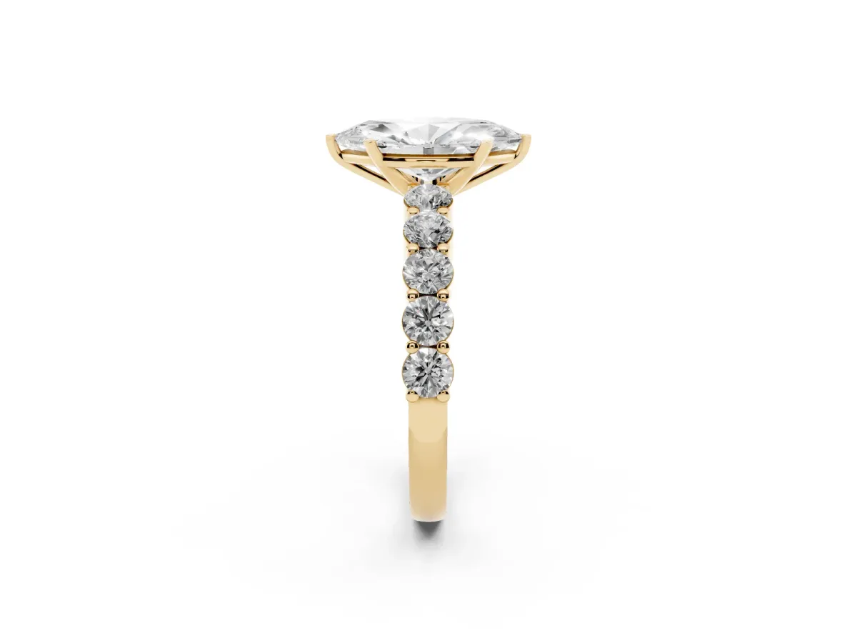 Marquise Cut Diamond Solitaire Ring with Shared Prong Round Side Stones Yellow gold