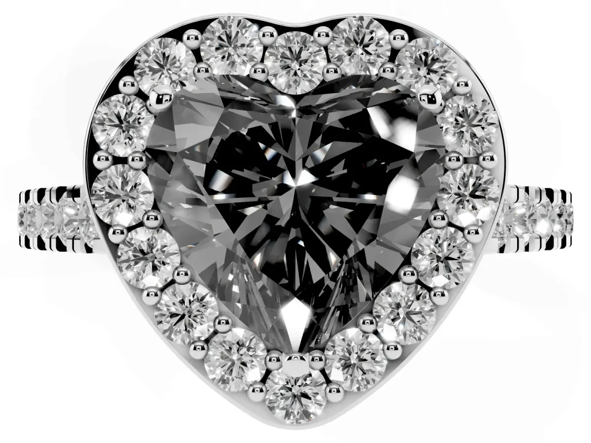 Fancy Black Heart Cut Diamond Halo Ring with Round Pavé Split Shank and Prong Setting Silver