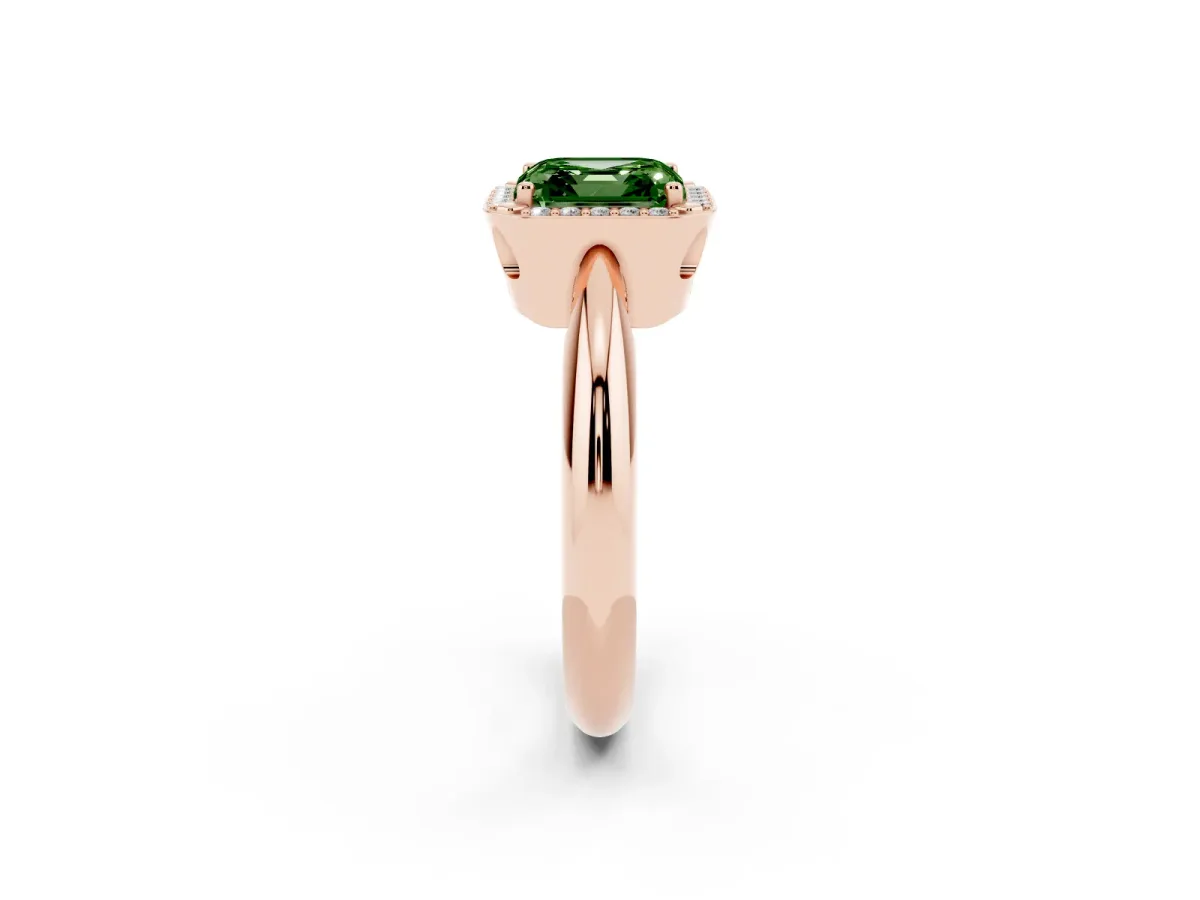 Fancy Green Asscher Cut Cut Diamond Halo Engagement Ring with Split Shank and Four-Prong Setting Rose gold