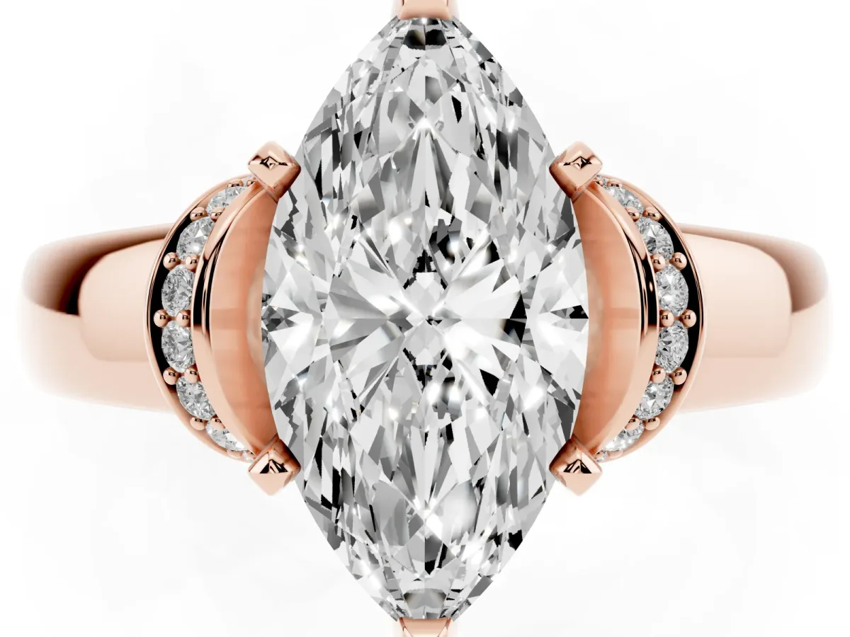Marquise Cut Solitaire Diamond Ring with Pave Band and Six-Prong Setting Rose gold