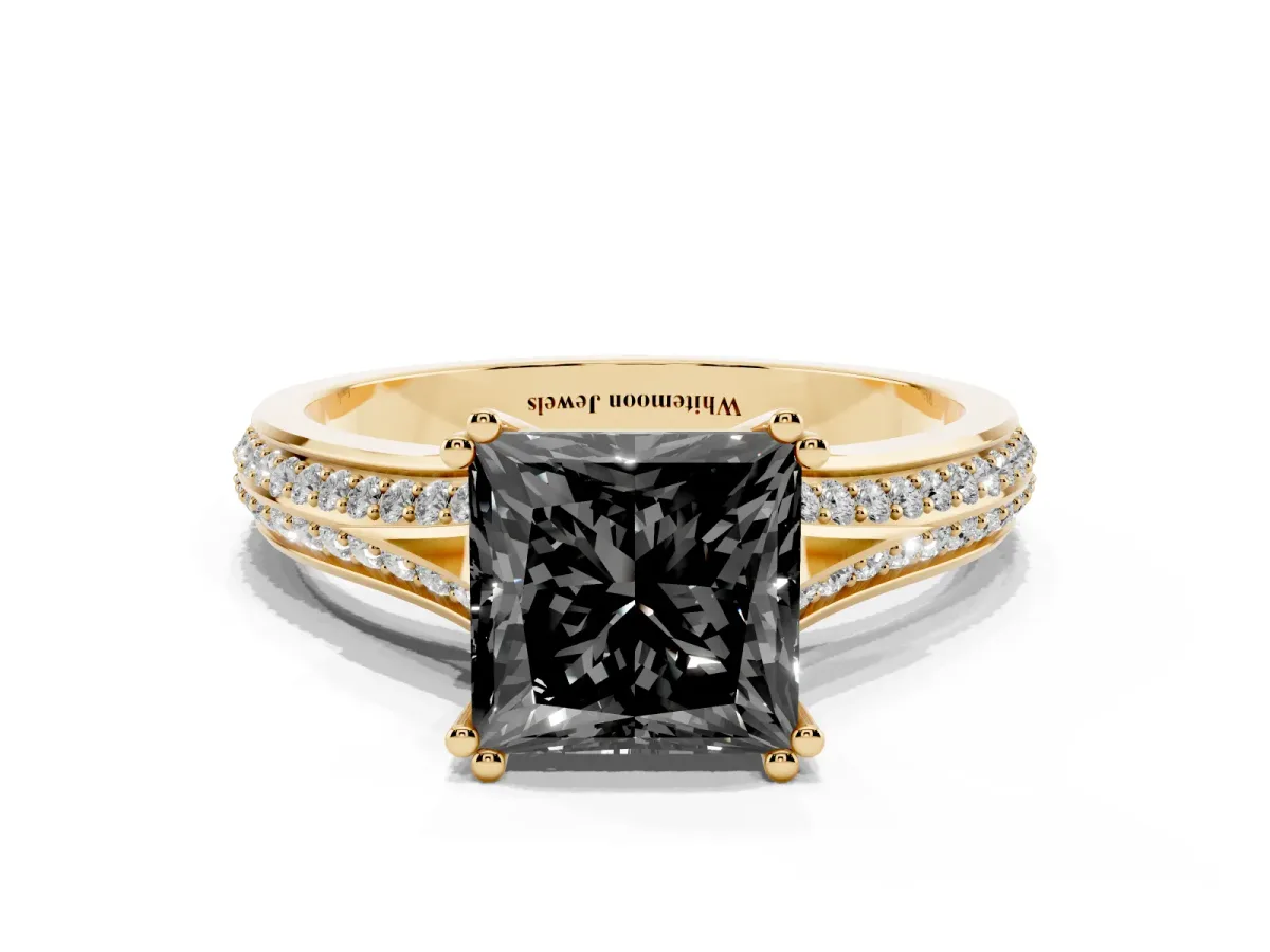 Fancy Black Princess Cut Diamond Split Shank Engagement Ring with Pavé Band Yellow gold