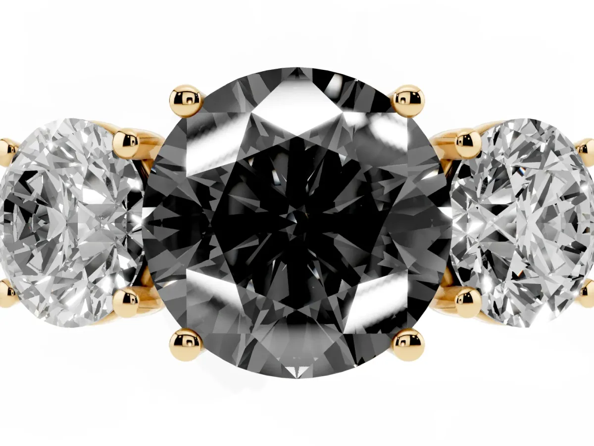 Fancy Black Three-Stone Round Cut Diamond Ring with Round Pavé Band and Prong Setting Yellow gold