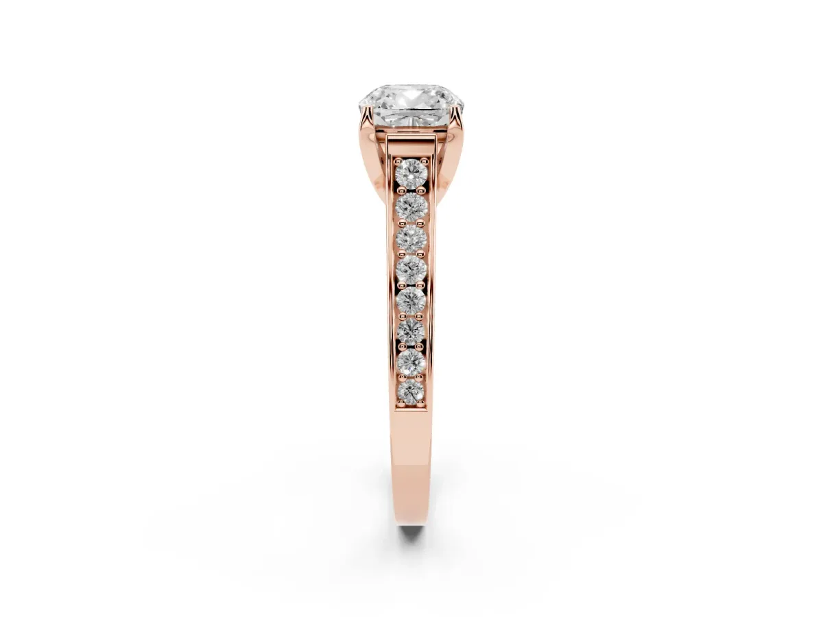 Cushion Cut Brilliant Cut Diamond Engagement Ring with Pavé Band and Four-Prong Setting Rose gold