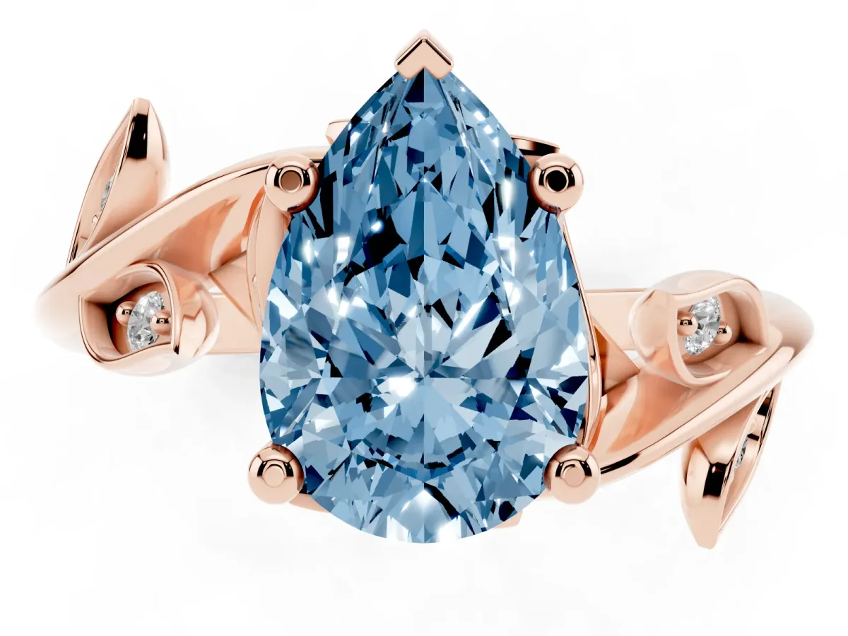 Fancy Blue Pear Cut Solitaire Twist Engagement Ring with Leaf Accents and Prong Setting Rose gold
