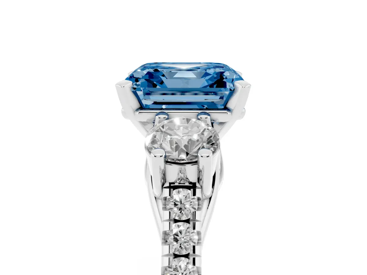 Fancy Blue Three-Stone Asscher Cut Diamond Pavé Band with Four-Prong Setting Platinum