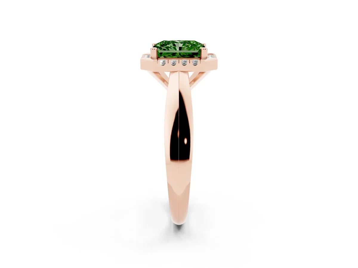 Fancy Green Radiant Cut Cut Halo Solitaire Engagement Ring with Square Band and Four-Prong Setting Rose gold