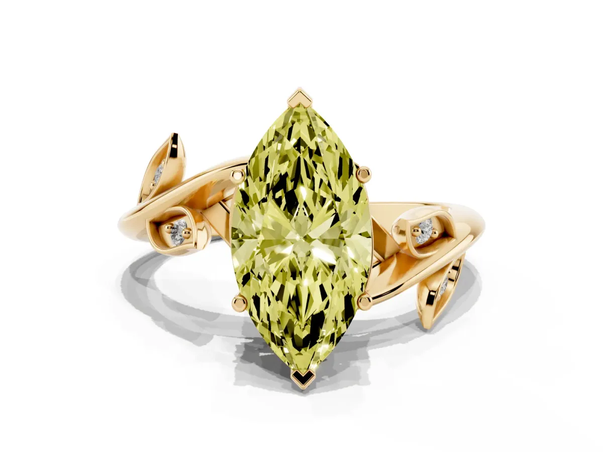 Fancy Yellow Marquise Cut Solitaire Twist Engagement Ring with Leaf Accents and Prong Setting Yellow gold