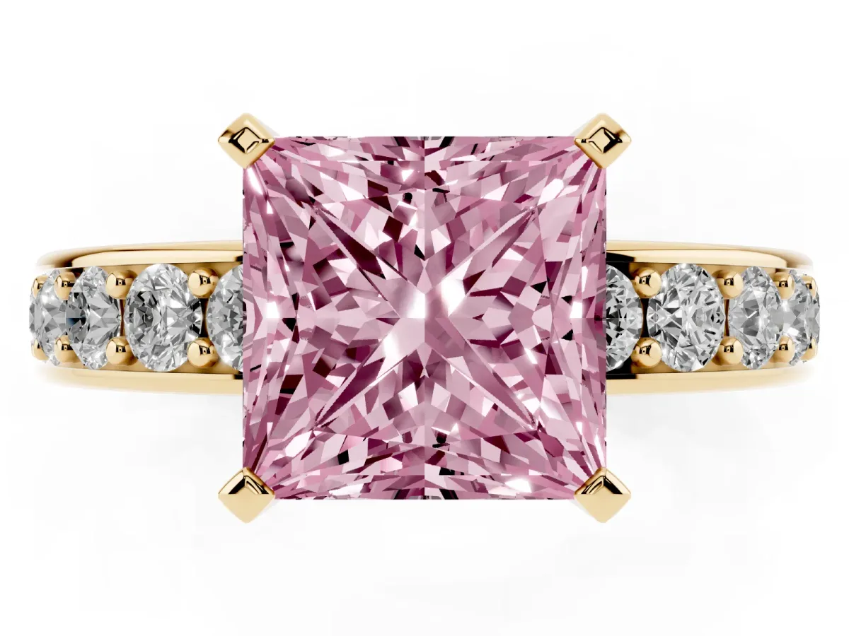 Fancy Pink Princess Cut Diamond Engagement Ring with Channel Set Round Band and Prong Setting Yellow gold