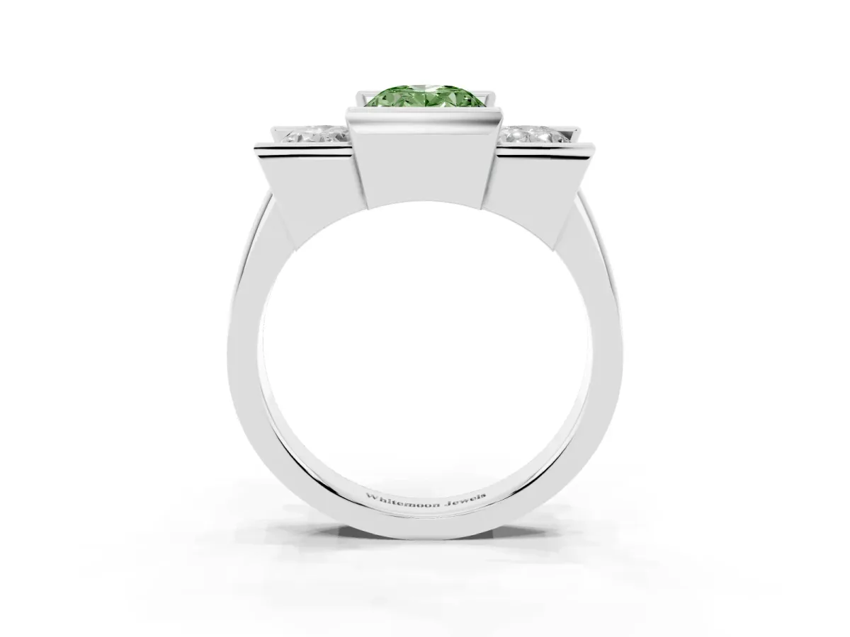 Fancy Green Three Stone Oval Cut Cut Channel Set Diamond Ring White gold