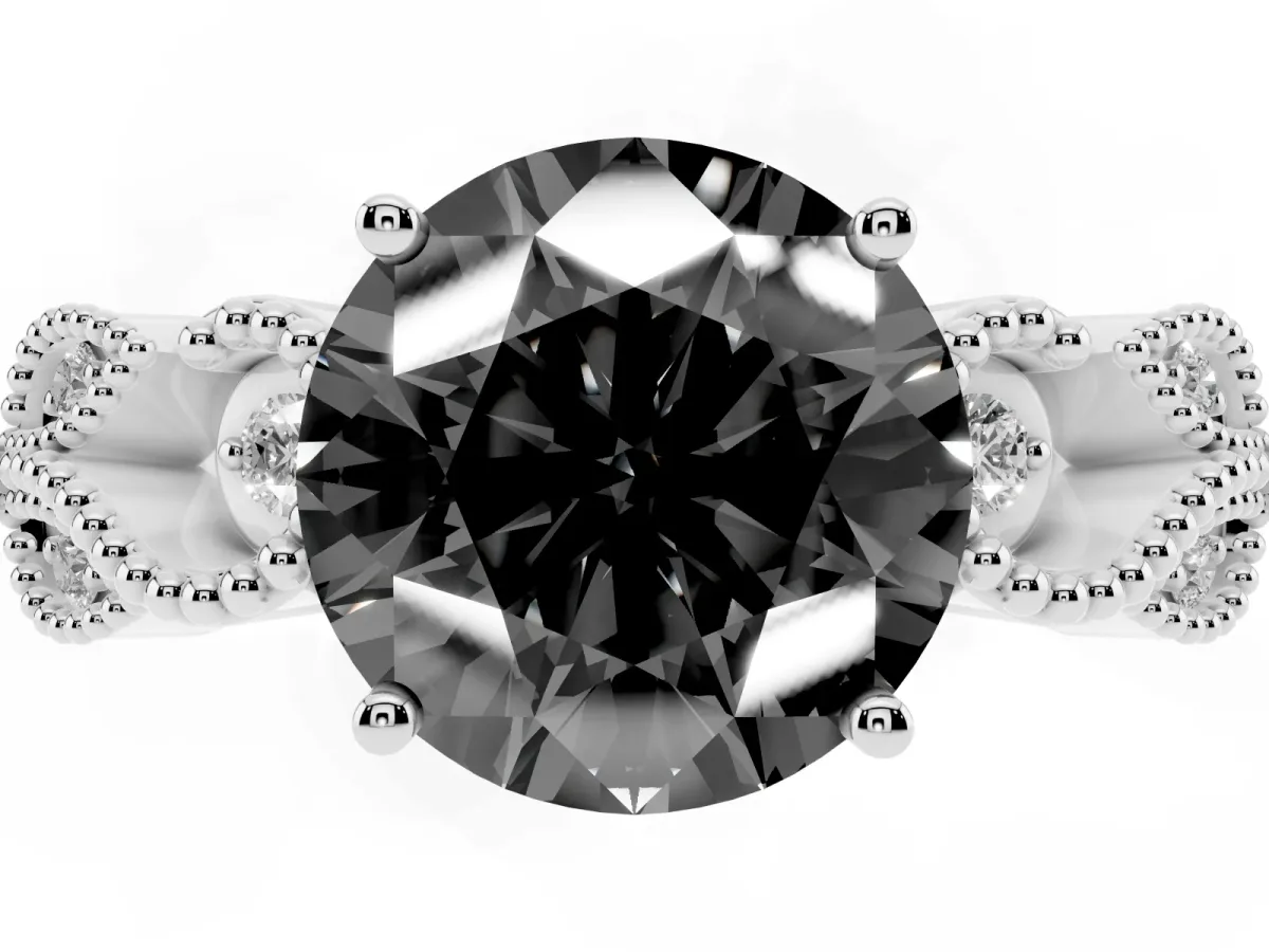 Fancy Black Round Cut Solitaire Milgrain Leaf Band with Prong Setting Silver