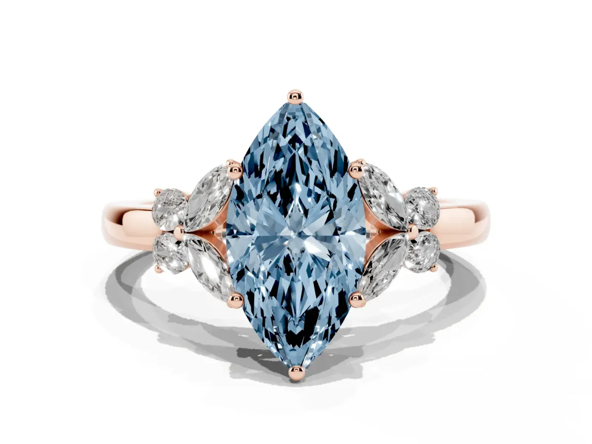 Fancy Blue Marquise Cut Cut Solitaire Floral Diamond Ring with Four-Prong Setting Rose gold