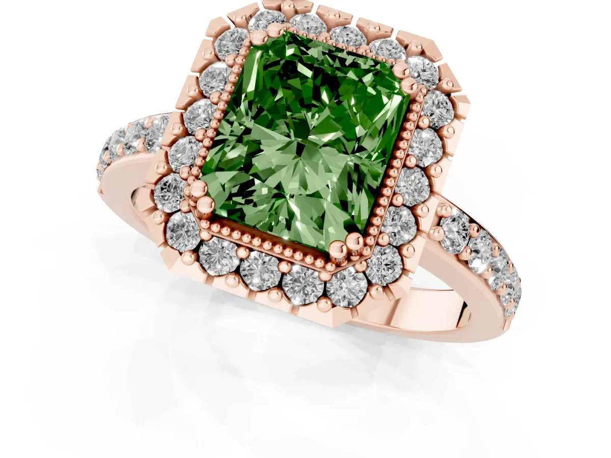 Fancy Green Radiant Cut Diamond Halo Ring with Pavé Band and Prong Setting Rose gold