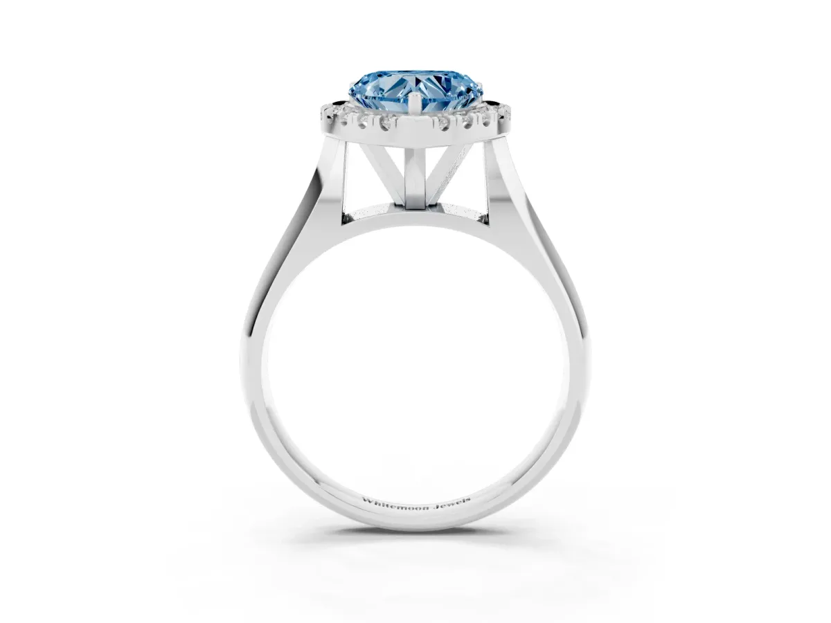Fancy Blue Heart Cut Cut Halo Solitaire Engagement Ring with Square Band and Four-Prong Setting Silver