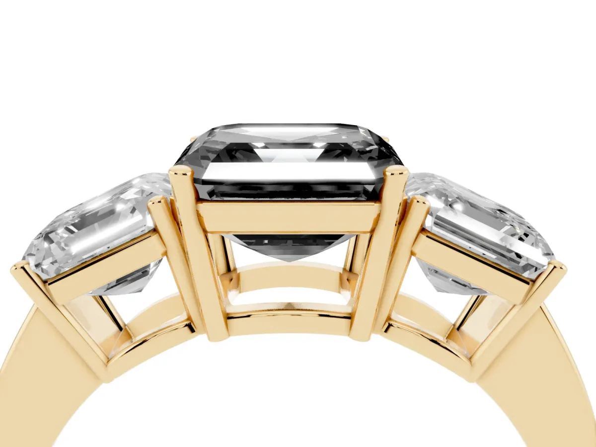 Fancy Black Three-Stone Asscher Cut Cut Diamond Engagement Ring with Flat Band and Four-Prong Setting Yellow gold