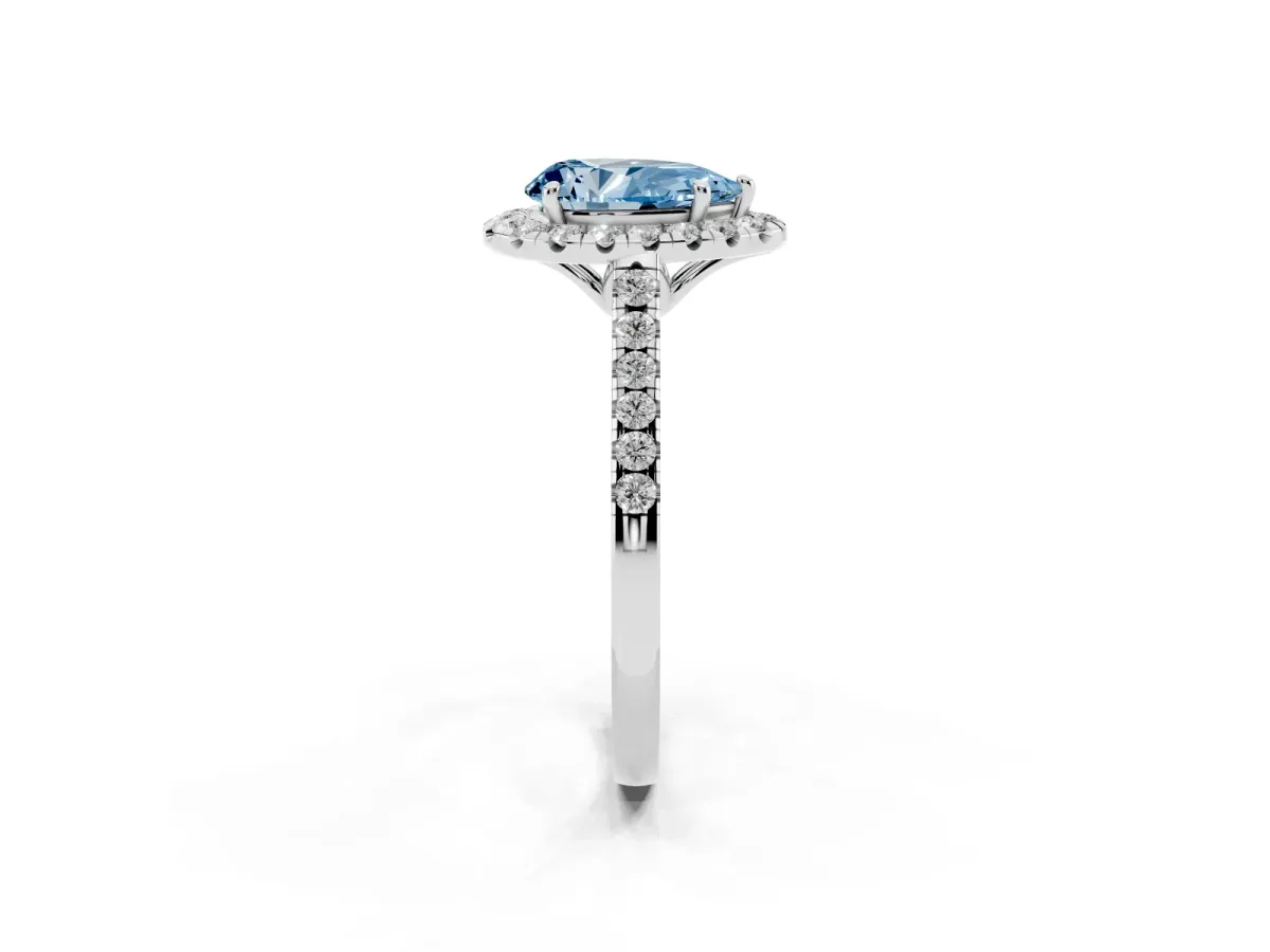 Fancy Blue Pear Cut Halo Pavé Diamond Engagement Ring with Four-Prong Setting Silver