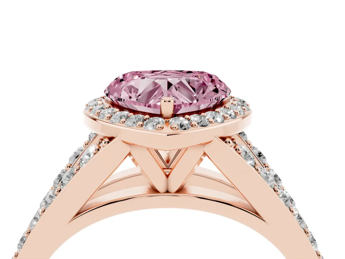 Fancy Pink Heart Cut Diamond Split Shank Halo Ring with Four-Prong Setting Rose gold