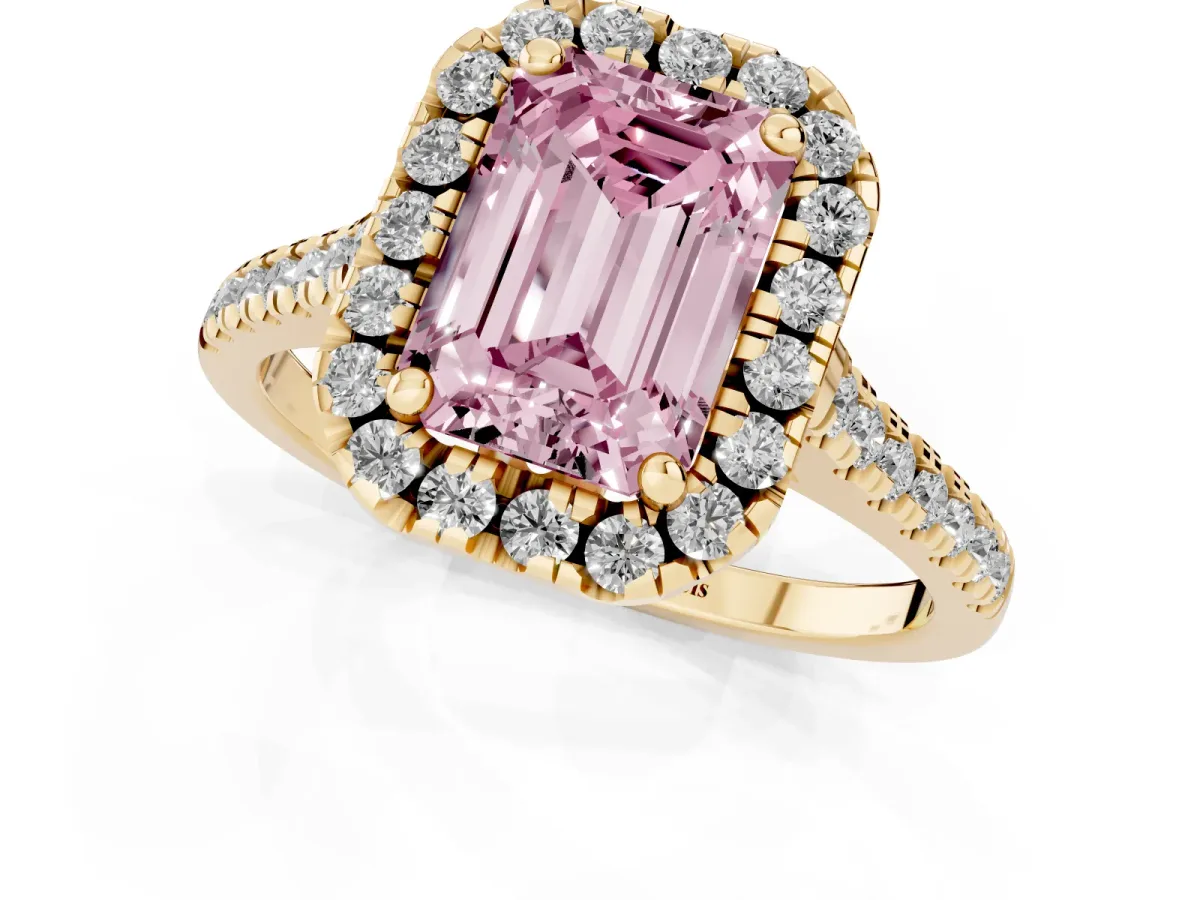 Fancy Pink Emerald Cut Diamond Cushion Halo Ring with Pavé Band Yellow gold