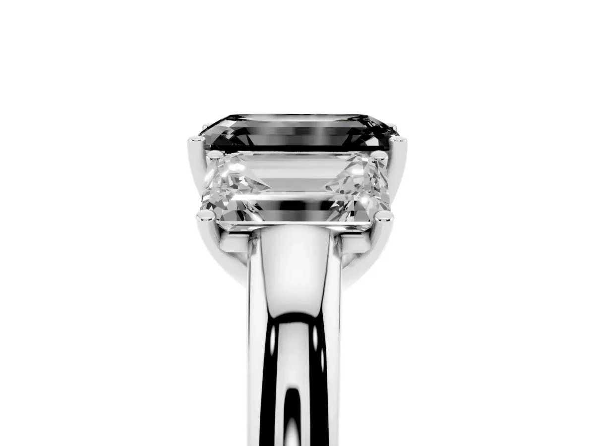 Fancy Black Emerald Cut Diamond Three-Stone Ring with Four-Prong Setting and Classic Band Silver